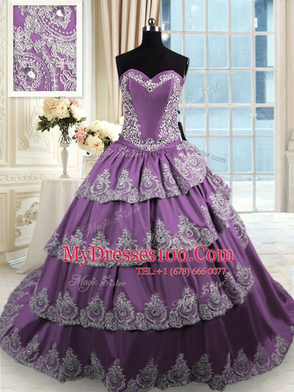 Modest Purple Sleeveless With Train Beading and Appliques and Ruffled Layers Lace Up Quinceanera Dress