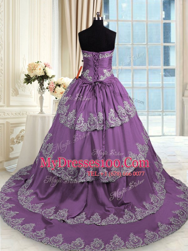 Modest Purple Sleeveless With Train Beading and Appliques and Ruffled Layers Lace Up Quinceanera Dress