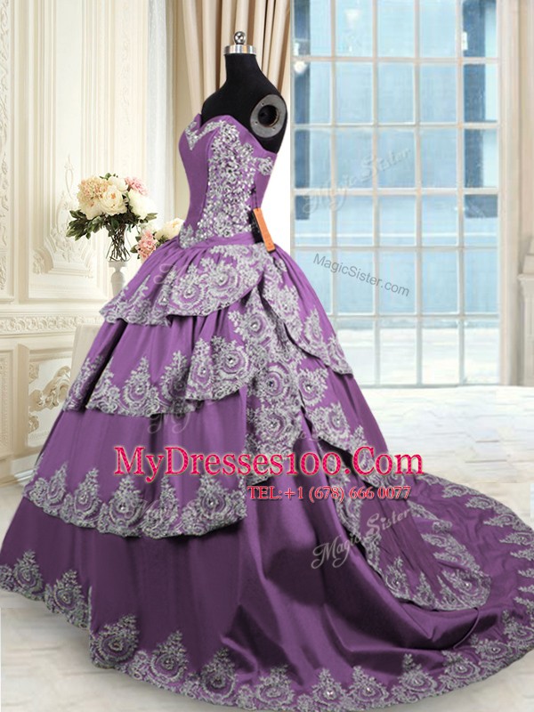 Modest Purple Sleeveless With Train Beading and Appliques and Ruffled Layers Lace Up Quinceanera Dress