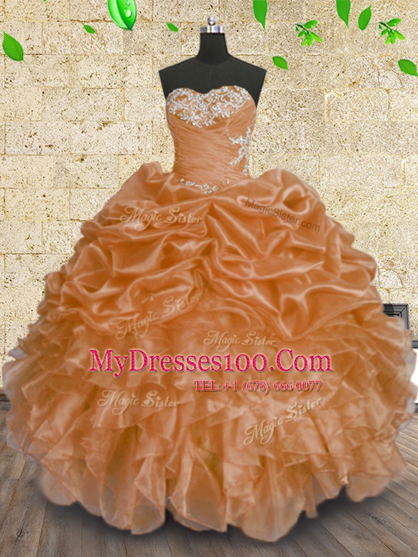 Orange Sweetheart Neckline Beading and Appliques and Ruffles and Sequins Sweet 16 Dresses Sleeveless Lace Up