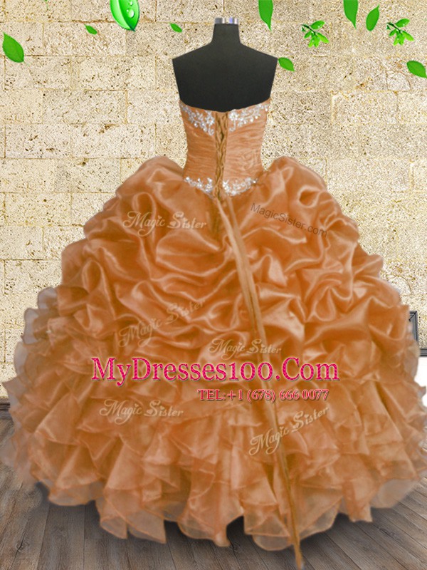 Orange Sweetheart Neckline Beading and Appliques and Ruffles and Sequins Sweet 16 Dresses Sleeveless Lace Up