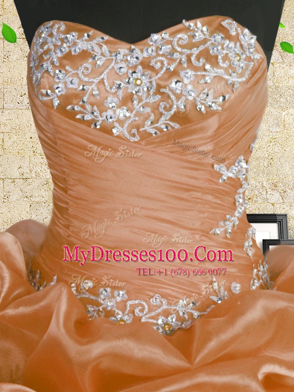 Orange Sweetheart Neckline Beading and Appliques and Ruffles and Sequins Sweet 16 Dresses Sleeveless Lace Up