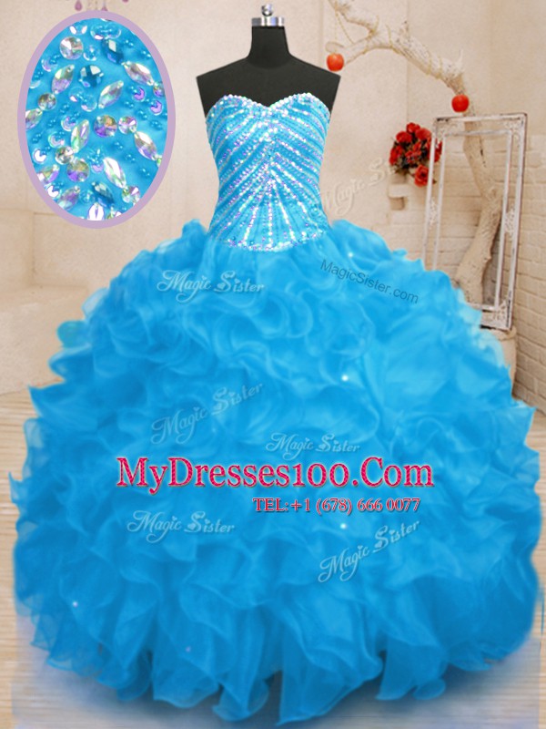 Traditional Sequins Sweetheart Sleeveless Lace Up Ball Gown Prom Dress Baby Blue Organza