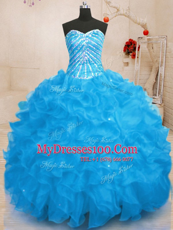 Traditional Sequins Sweetheart Sleeveless Lace Up Ball Gown Prom Dress Baby Blue Organza