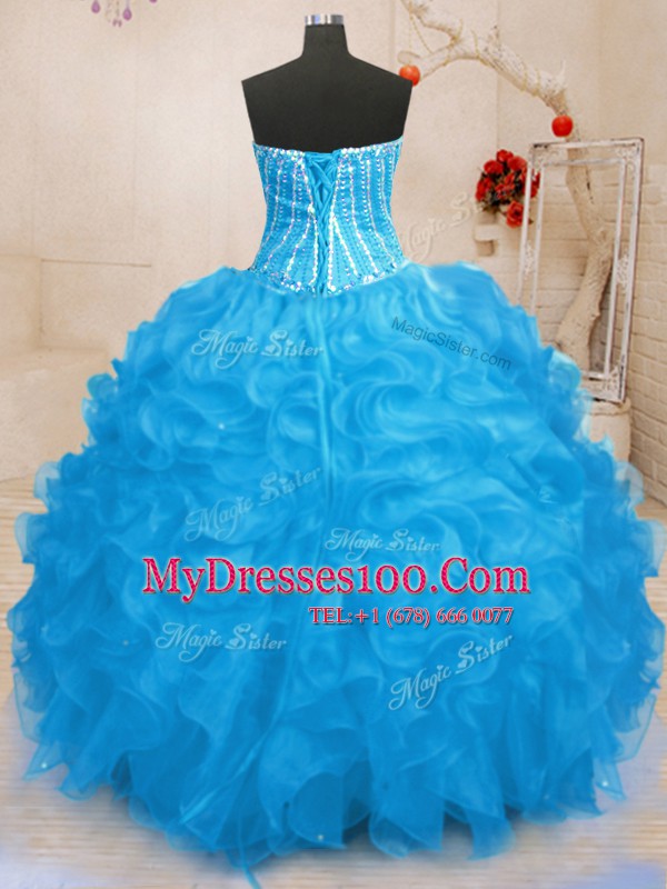 Traditional Sequins Sweetheart Sleeveless Lace Up Ball Gown Prom Dress Baby Blue Organza