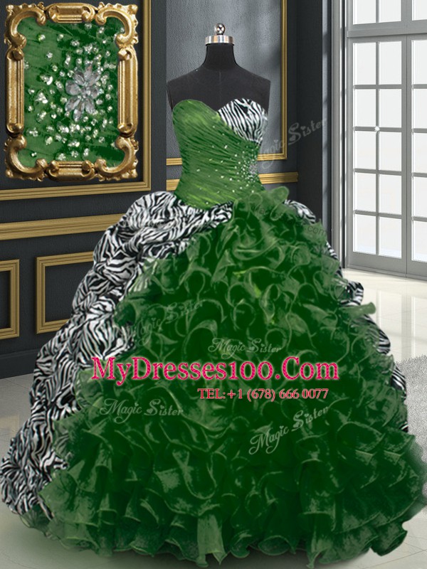 Sleeveless Organza and Printed With Brush Train Lace Up Quinceanera Gown in Dark Green with Beading and Ruffles and Pattern