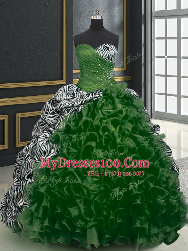 Sleeveless Organza and Printed With Brush Train Lace Up Quinceanera Gown in Dark Green with Beading and Ruffles and Pattern