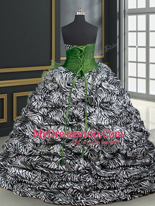 Sleeveless Organza and Printed With Brush Train Lace Up Quinceanera Gown in Dark Green with Beading and Ruffles and Pattern