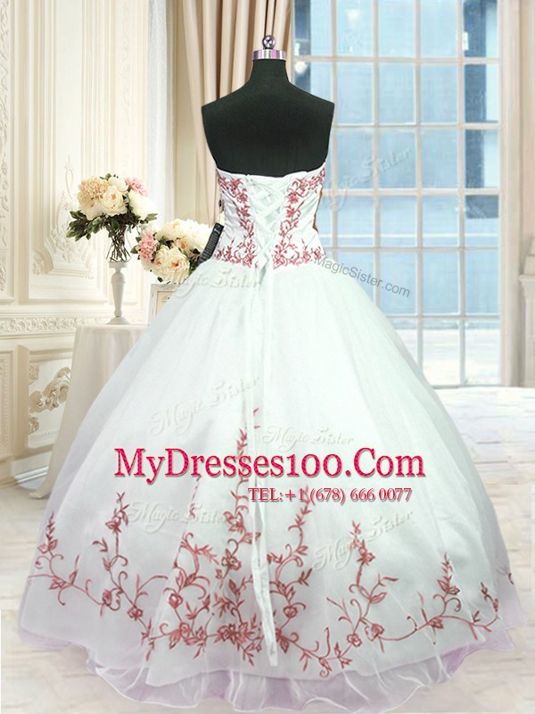 Fine Sleeveless Lace Up Floor Length Embroidery and Sashes ribbons 15th Birthday Dress