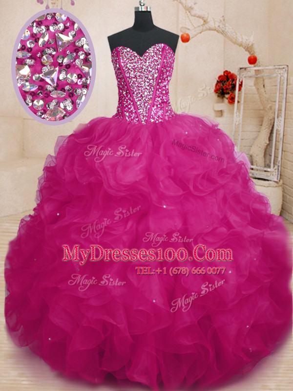 Modern Fuchsia Ball Gowns Organza Sweetheart Sleeveless Beading and Ruffles Floor Length Lace Up Quinceanera Gowns