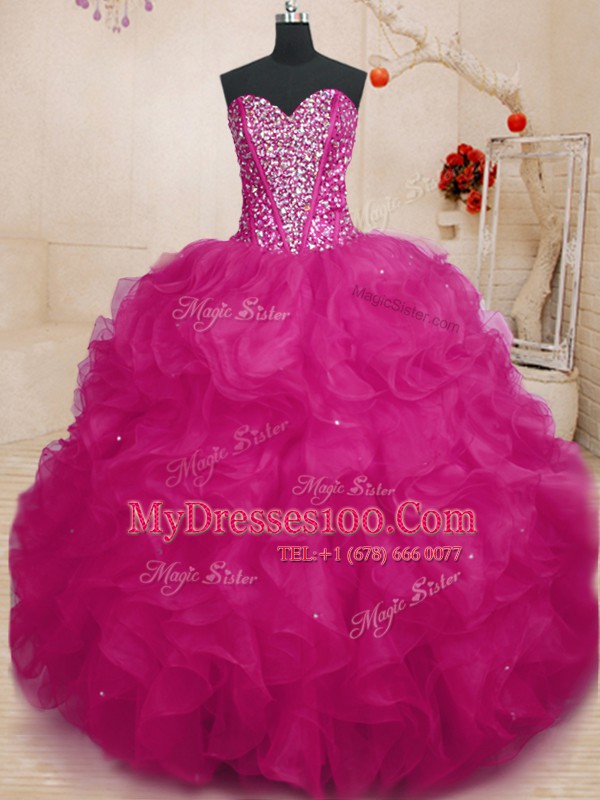Modern Fuchsia Ball Gowns Organza Sweetheart Sleeveless Beading and Ruffles Floor Length Lace Up Quinceanera Gowns