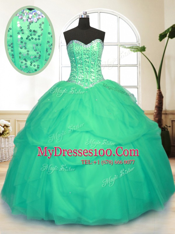 Green Ball Gowns Tulle Sweetheart Sleeveless Sequins and Pick Ups Floor Length Lace Up Quinceanera Gowns