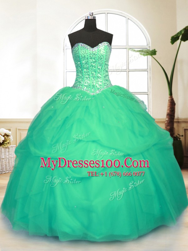 Green Ball Gowns Tulle Sweetheart Sleeveless Sequins and Pick Ups Floor Length Lace Up Quinceanera Gowns