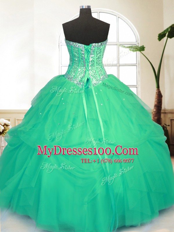Green Ball Gowns Tulle Sweetheart Sleeveless Sequins and Pick Ups Floor Length Lace Up Quinceanera Gowns