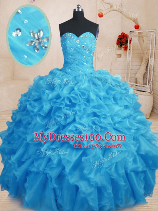 Traditional Baby Blue Sleeveless Organza Lace Up Quinceanera Gown for Military Ball and Sweet 16 and Quinceanera