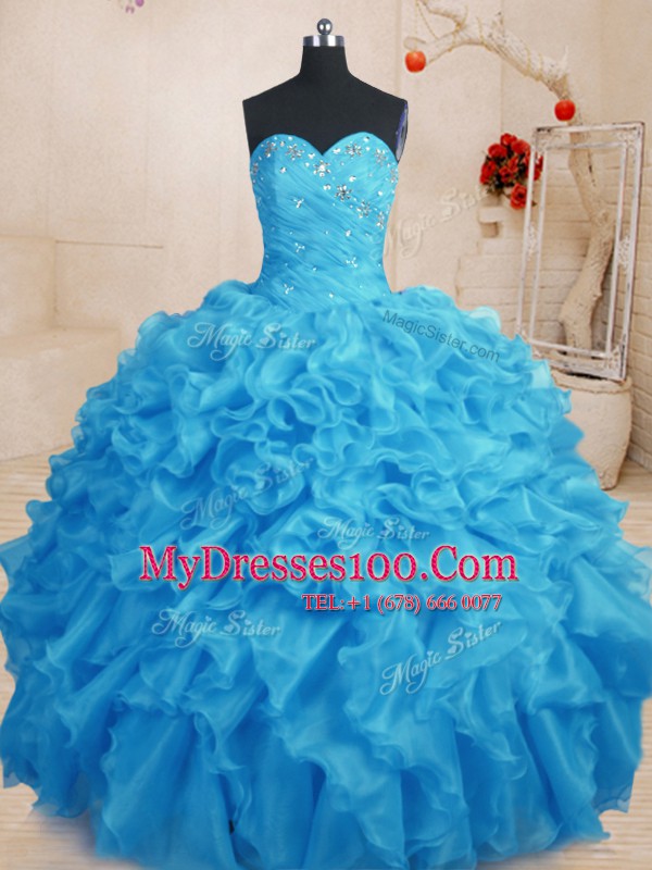 Traditional Baby Blue Sleeveless Organza Lace Up Quinceanera Gown for Military Ball and Sweet 16 and Quinceanera