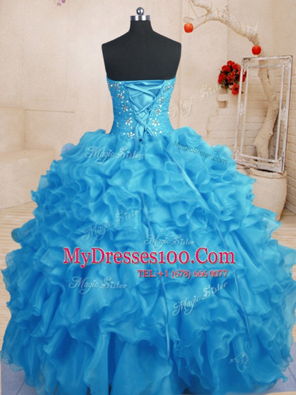 Traditional Baby Blue Sleeveless Organza Lace Up Quinceanera Gown for Military Ball and Sweet 16 and Quinceanera