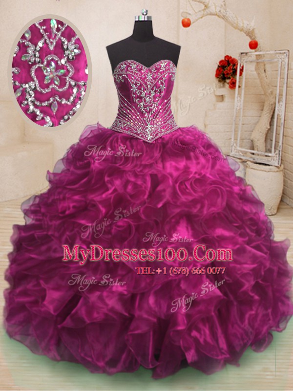 Beauteous Sleeveless With Train Beading and Ruffles Lace Up Quinceanera Dress with Fuchsia Sweep Train