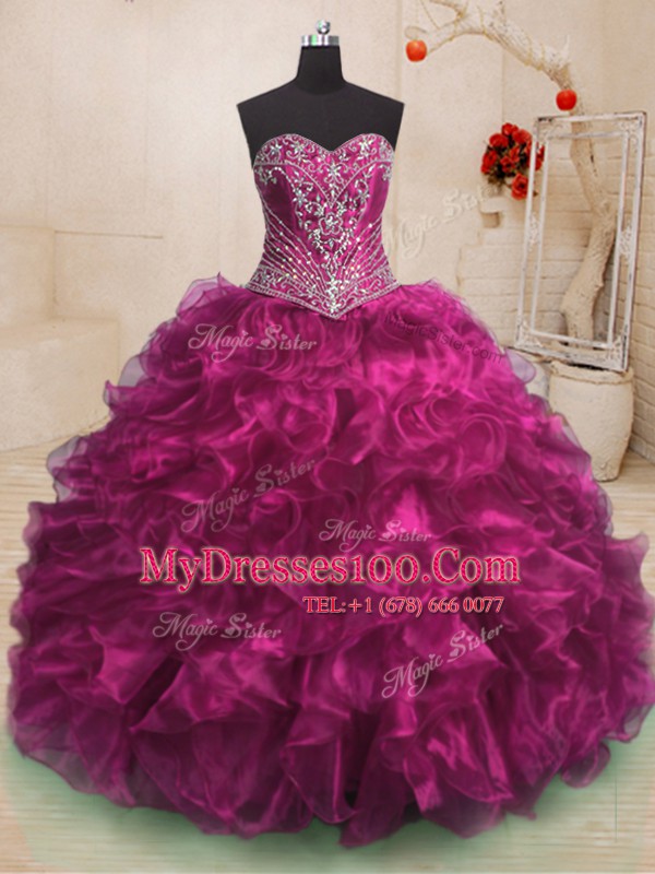 Beauteous Sleeveless With Train Beading and Ruffles Lace Up Quinceanera Dress with Fuchsia Sweep Train