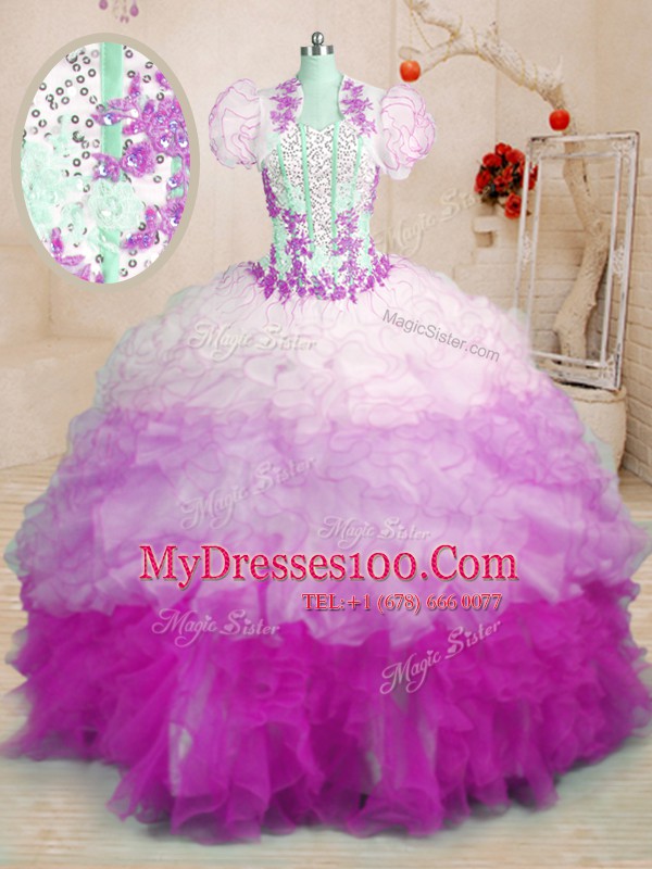 Gorgeous With Train Multi-color Quince Ball Gowns Organza Brush Train Sleeveless Beading and Appliques and Ruffles
