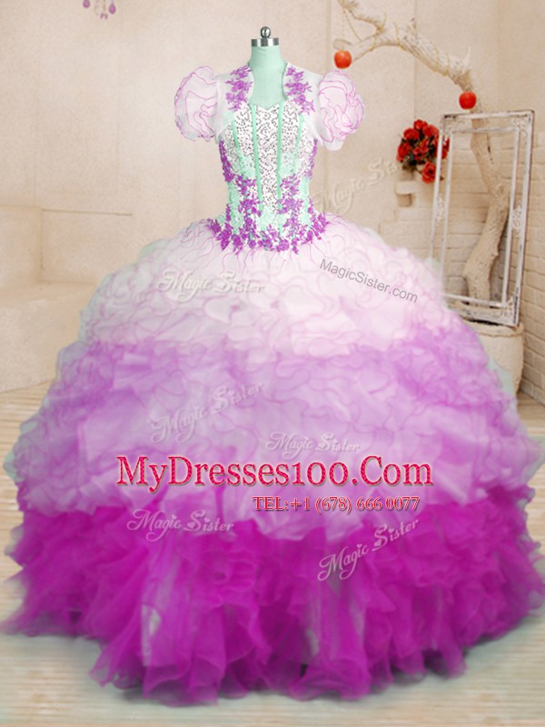 Gorgeous With Train Multi-color Quince Ball Gowns Organza Brush Train Sleeveless Beading and Appliques and Ruffles
