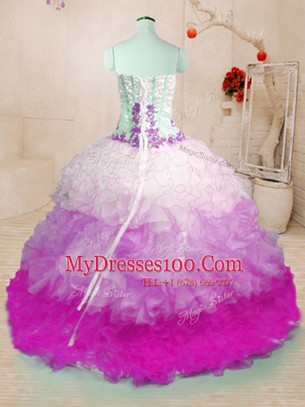 Gorgeous With Train Multi-color Quince Ball Gowns Organza Brush Train Sleeveless Beading and Appliques and Ruffles
