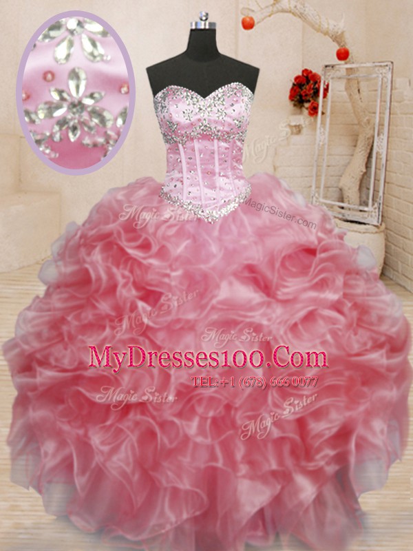 Baby Pink Ball Gowns Sweetheart Sleeveless Organza Floor Length Lace Up Beading Quinceanera Gowns