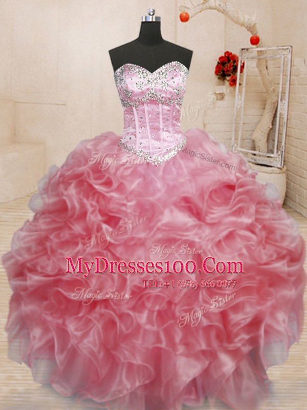 Baby Pink Ball Gowns Sweetheart Sleeveless Organza Floor Length Lace Up Beading Quinceanera Gowns