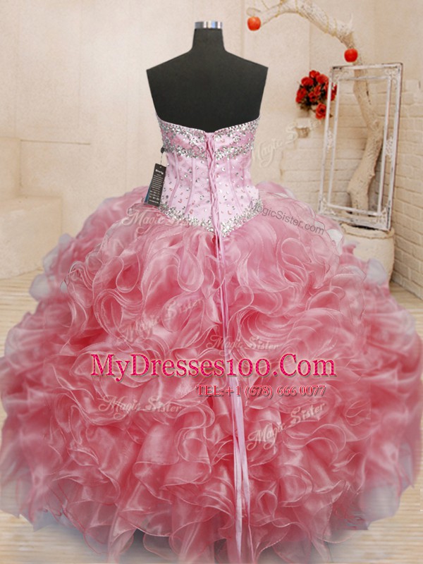 Baby Pink Ball Gowns Sweetheart Sleeveless Organza Floor Length Lace Up Beading Quinceanera Gowns