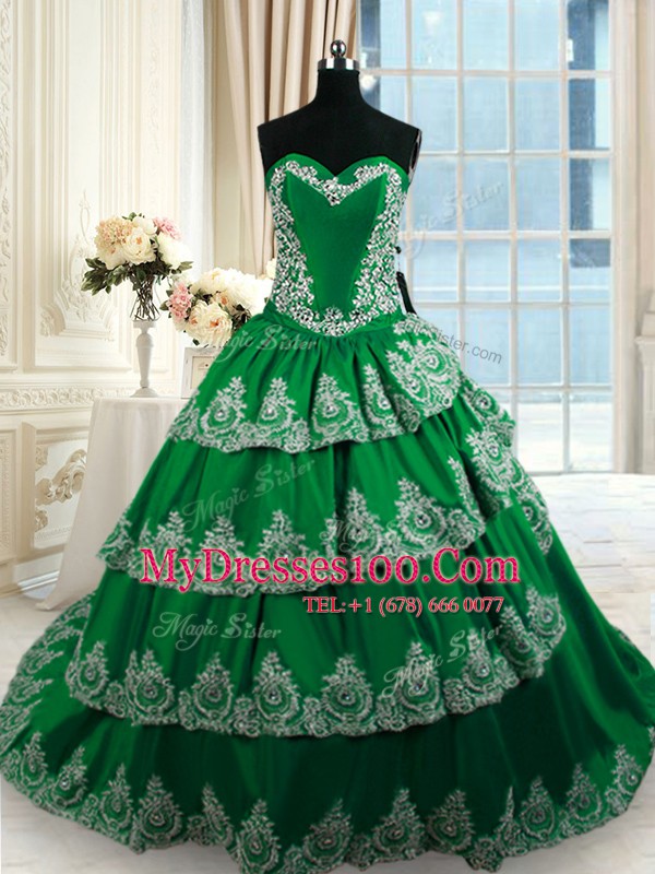 Affordable Sleeveless With Train Beading and Appliques and Ruffled Layers Lace Up Sweet 16 Dress with Dark Green Court Train