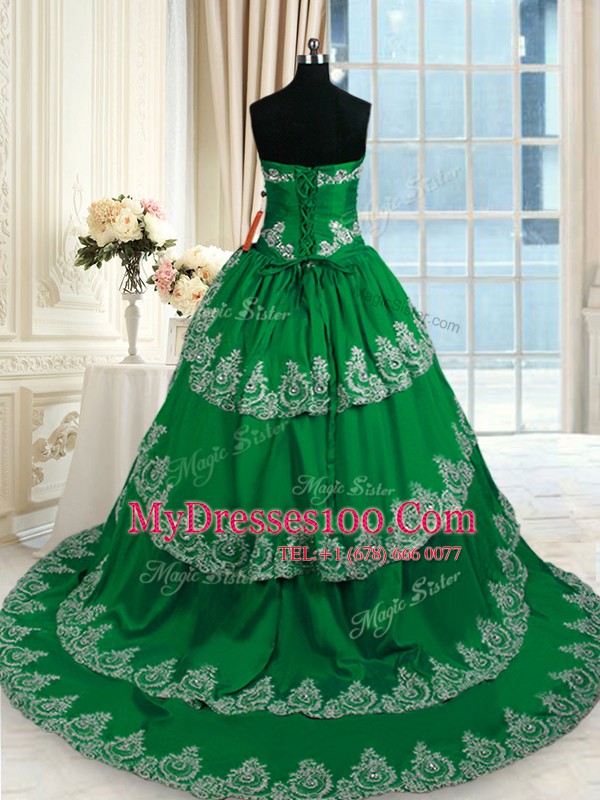 Affordable Sleeveless With Train Beading and Appliques and Ruffled Layers Lace Up Sweet 16 Dress with Dark Green Court Train