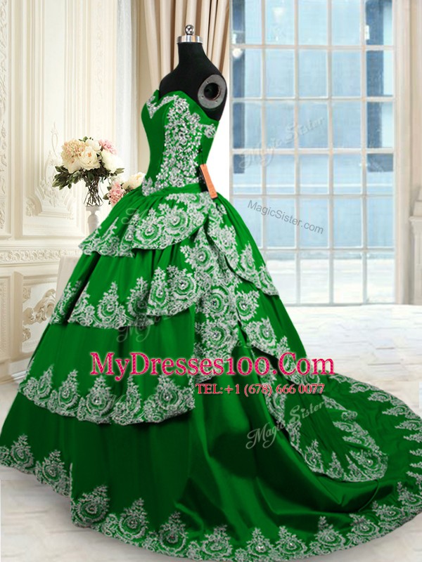 Affordable Sleeveless With Train Beading and Appliques and Ruffled Layers Lace Up Sweet 16 Dress with Dark Green Court Train