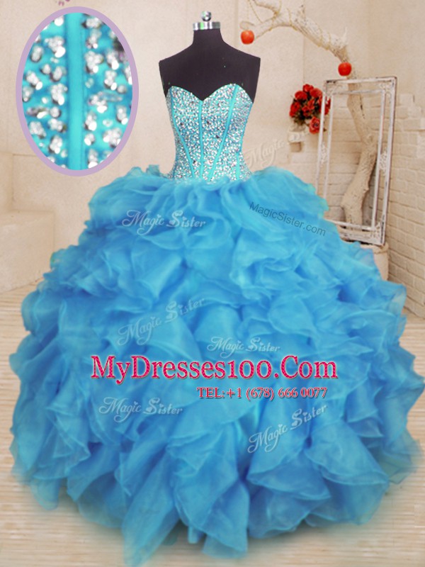 Fabulous Baby Blue Sleeveless Beading and Ruffles Floor Length 15 Quinceanera Dress