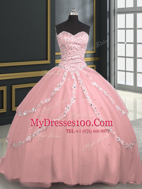 Pink Sweetheart Lace Up Beading and Appliques Vestidos de Quinceanera Brush Train Sleeveless