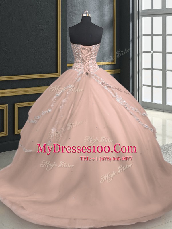 Pink Sweetheart Lace Up Beading and Appliques Vestidos de Quinceanera Brush Train Sleeveless