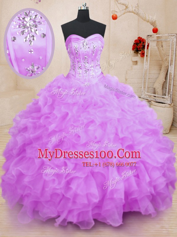 Lilac Ball Gowns Sweetheart Sleeveless Organza Floor Length Lace Up Beading and Ruffles Quinceanera Gown