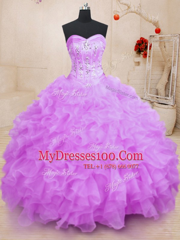 Lilac Ball Gowns Sweetheart Sleeveless Organza Floor Length Lace Up Beading and Ruffles Quinceanera Gown