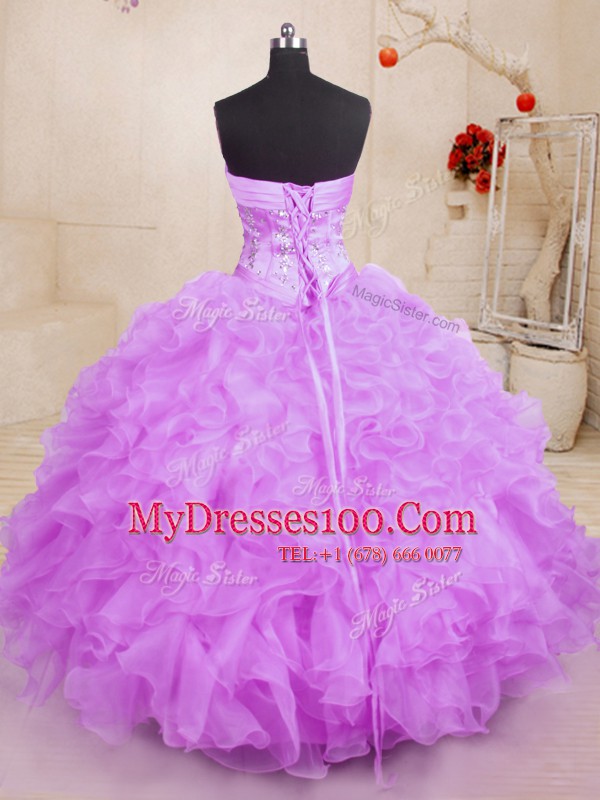 Lilac Ball Gowns Sweetheart Sleeveless Organza Floor Length Lace Up Beading and Ruffles Quinceanera Gown