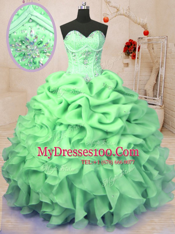 Fashionable Organza Lace Up 15th Birthday Dress Sleeveless Floor Length Beading and Ruffles and Pick Ups