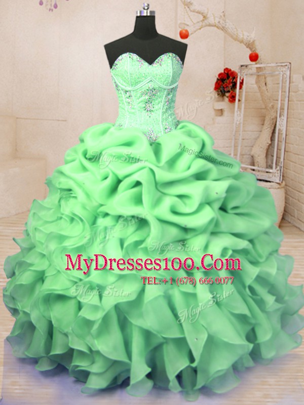 Fashionable Organza Lace Up 15th Birthday Dress Sleeveless Floor Length Beading and Ruffles and Pick Ups