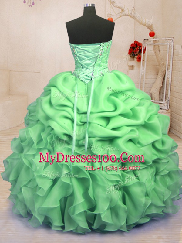 Fashionable Organza Lace Up 15th Birthday Dress Sleeveless Floor Length Beading and Ruffles and Pick Ups
