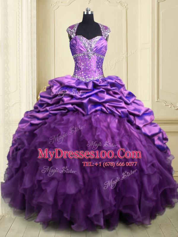 Purple Lace Up Sweetheart Beading and Ruffles and Pick Ups Sweet 16 Dress Organza and Taffeta Cap Sleeves Brush Train