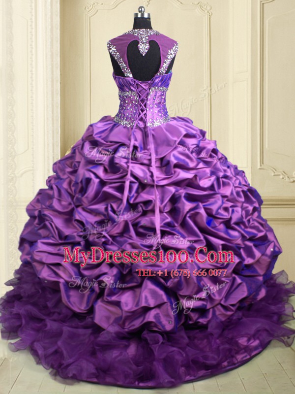 Purple Lace Up Sweetheart Beading and Ruffles and Pick Ups Sweet 16 Dress Organza and Taffeta Cap Sleeves Brush Train