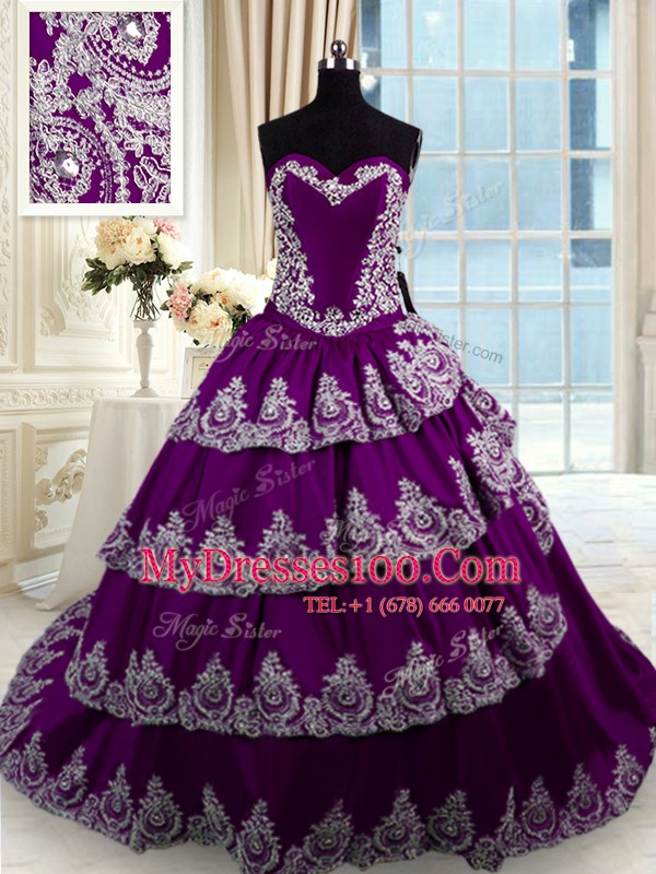 Ruffled Purple Sleeveless Taffeta Court Train Lace Up Sweet 16 Dresses for Military Ball and Sweet 16 and Quinceanera
