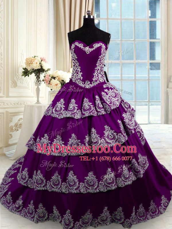 Ruffled Purple Sleeveless Taffeta Court Train Lace Up Sweet 16 Dresses for Military Ball and Sweet 16 and Quinceanera