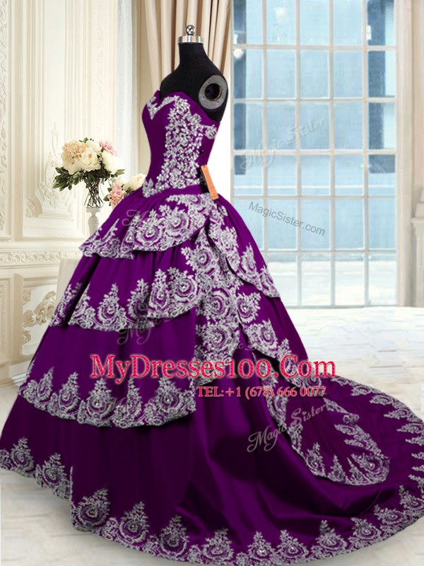 Ruffled Purple Sleeveless Taffeta Court Train Lace Up Sweet 16 Dresses for Military Ball and Sweet 16 and Quinceanera