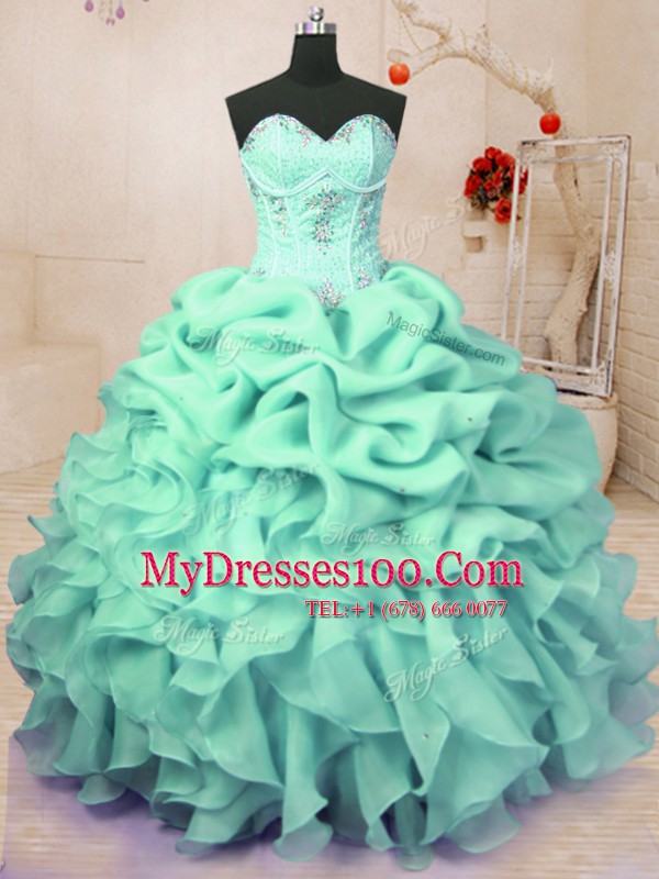Best Apple Green 15th Birthday Dress Military Ball and Sweet 16 and Quinceanera and For with Beading and Ruffles and Pick Ups Sweetheart Sleeveless Lace Up