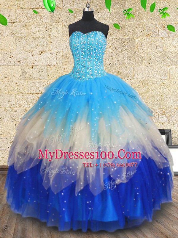 Cheap Sweetheart Sleeveless Tulle Sweet 16 Dresses Beading and Ruffles and Ruffled Layers Lace Up