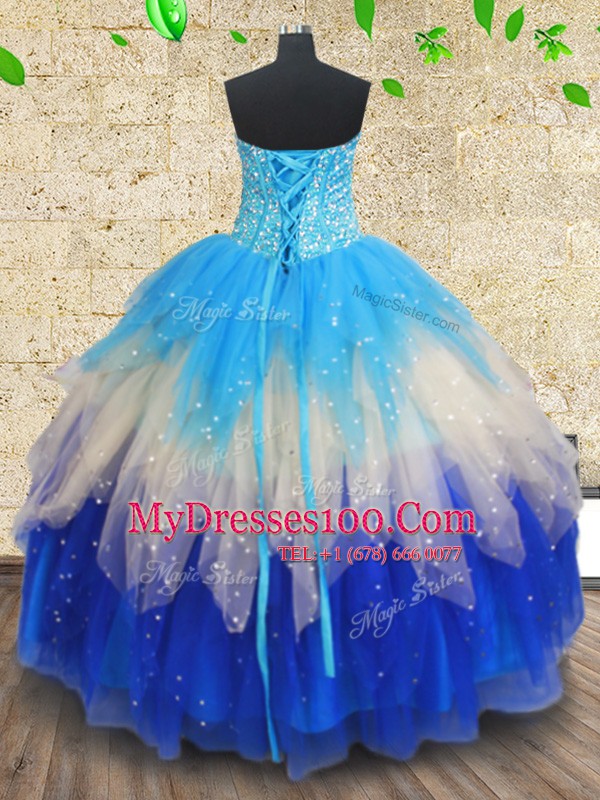 Cheap Sweetheart Sleeveless Tulle Sweet 16 Dresses Beading and Ruffles and Ruffled Layers Lace Up