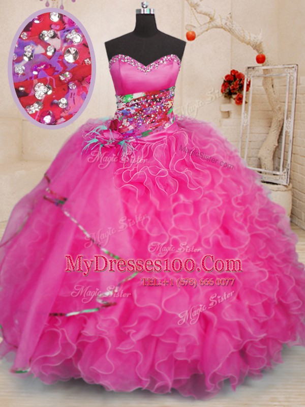Simple Organza Sweetheart Sleeveless Lace Up Beading and Ruffles Vestidos de Quinceanera in Hot Pink